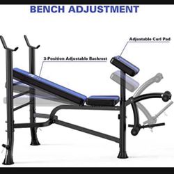 Olympic Weight Bench with Rack , Bench Press Rack with Leg Extension, Preacher Curl, and Weight Storage for Home Gym Weight Lifting and Strength Train