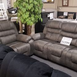 Brand New Gray Fabric Manual Reclining Sofa + Loveseat 2PCs Set