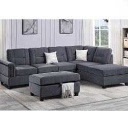 Charcoal Chenille Soft Fabric Reversible Sectional With Storage Ottoman Brand New In Box Firm Price $699