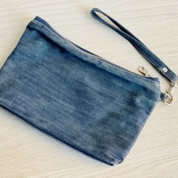 Denim Clutch With Satin Lining, Zipper Opening And Wrist Strap