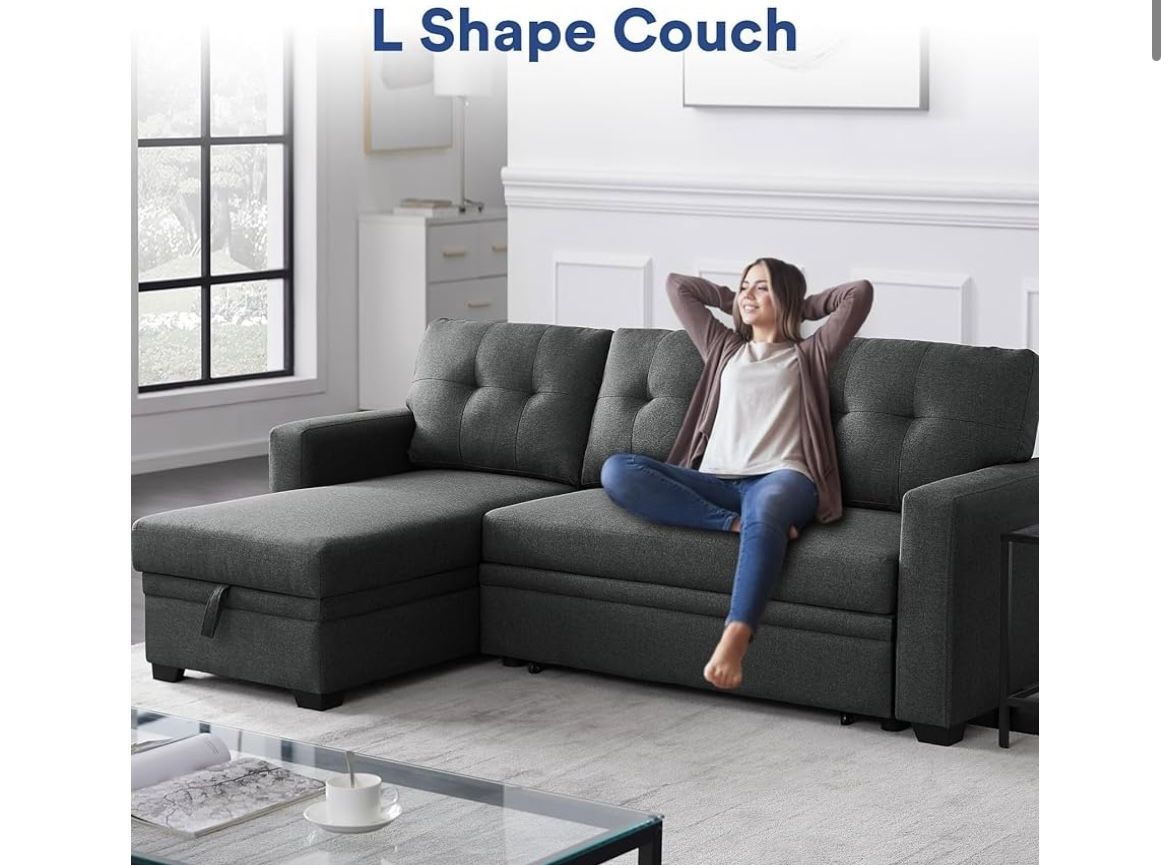 Queen Size in-1 Convertible L Shaped Couch with Pull Out Bed and Storage, Sectional Sleeper Sofa with