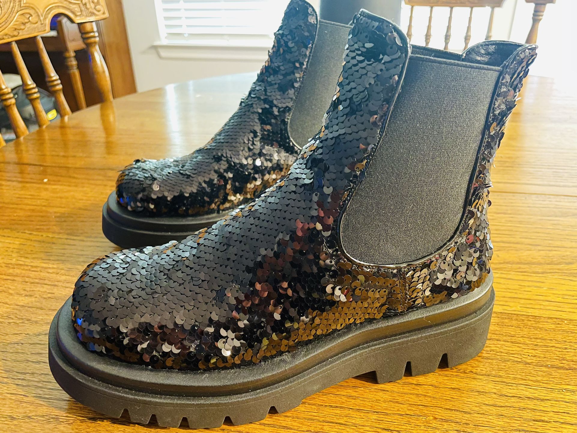 Womens Black Sequin Chelsea Boots