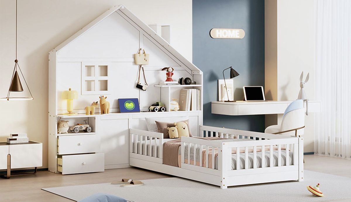 Gorgeous New Solid Wood White Twin Bookcase House Bed Playhouse Bed w/ Drawers USB & Power Ports