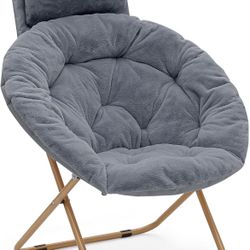 MoNiBloom Round Folding Faux Fur Saucer Chair for Bedroom Living Room Dorm Foldable Metal Frame Oversized Large Comfy Soft Lounge Lazy Cozy Moon Chair