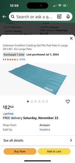 Coleman Comfort Cooling Gel Pet Pad Mat in Large 20"x36", for Large Pets