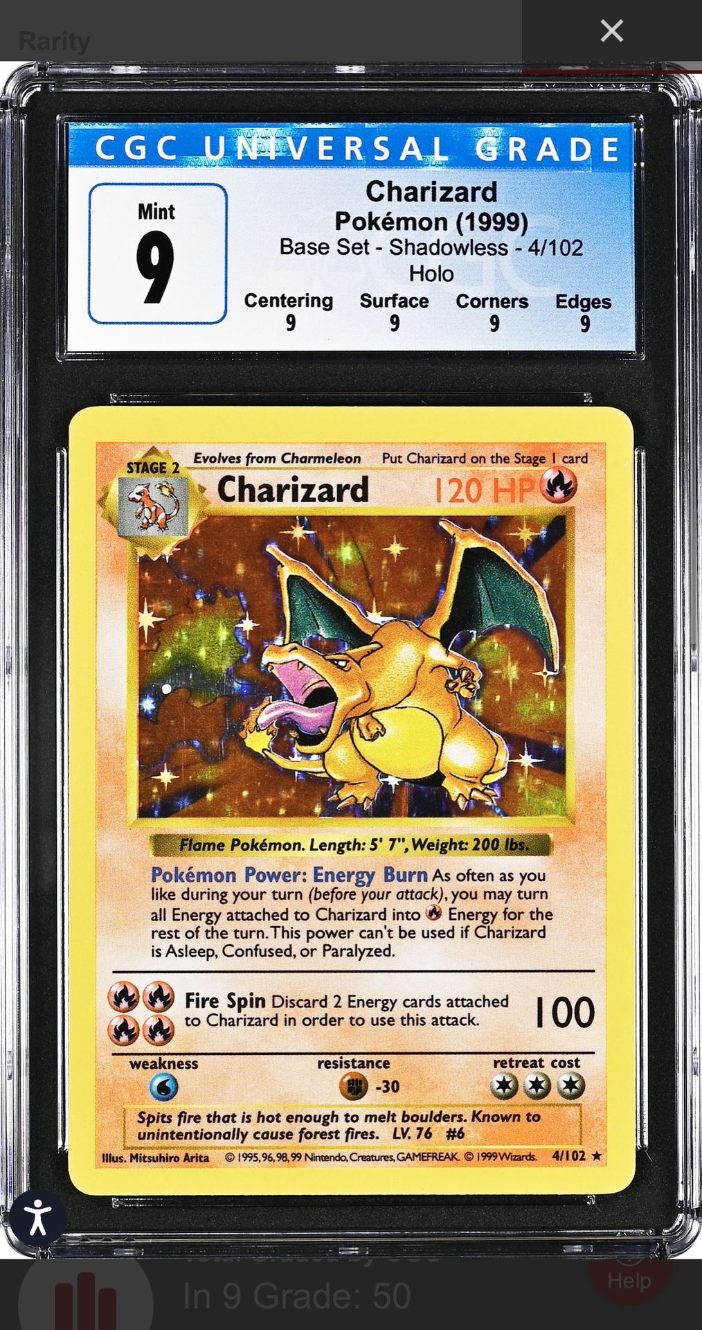 Pokemon Shadowless Charizard Graded CGC 9