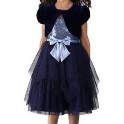 Jona Michelle Girls navy blue sparkling sequin tulle dress with a velvet shrug bolero jacket Size 4T