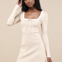 Lulus Definitely Sweet Beige Scalloped Long Sleeve Mini Sweater Dress