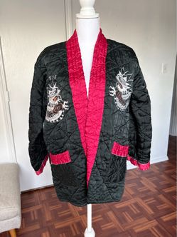 Men’s black & red quilted kimono sleeve jacket with embroidered dragon size M-L