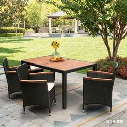 🌿 4-Piece Acacia & Wicker Outdoor Dining Set ✅ Includes 1 dining table + 3 wicker chairs (with beige cushions) ✅ Solid acacia wood tabletop, durable 