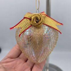 Vtg Y2K Gold Netting Christmas Heart Ornament Clear Glass Rose Bow 3.5 x 3"