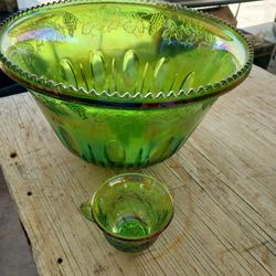 Green Glass Punch Bowl Set