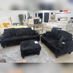 Black corduroy 2 piece  sofa and loveseat set with ottoman