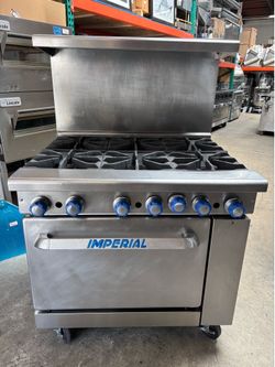 6 Burner Imperial IR-6 Gas Range 36” with Full size Oven commercial Restaurant Equipment kitchen NSF On Wheels tested and works great. If you see it, 