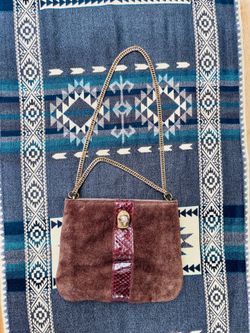 Vintage Ruth Saltz suede purse, lion head detail