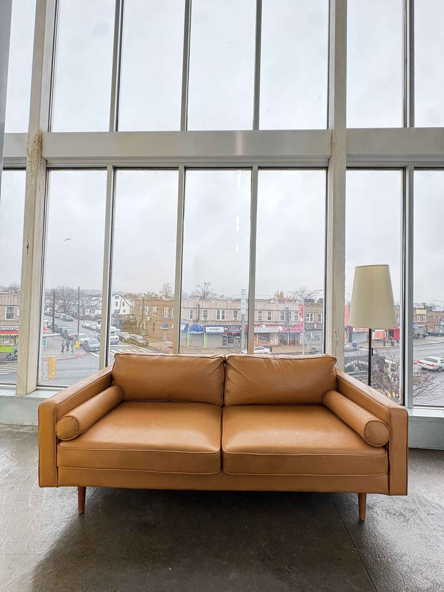 AllModern Midcentury Modern Minimalist Tan Leather Sofa Couch *Like New* (FREE Delivery)