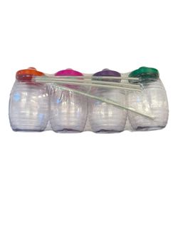 Plastic Barrels Clear with Colored Lids and Straws, Set of 4
