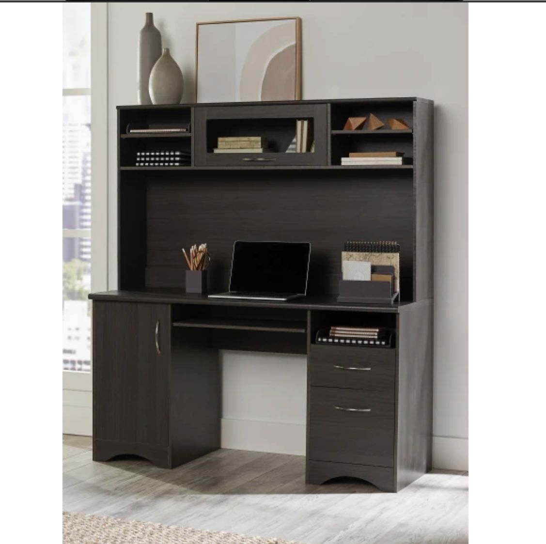 REALSPACE PELINGO 56”W COMPUTER DESK WITH HUTCH DARK GRAY