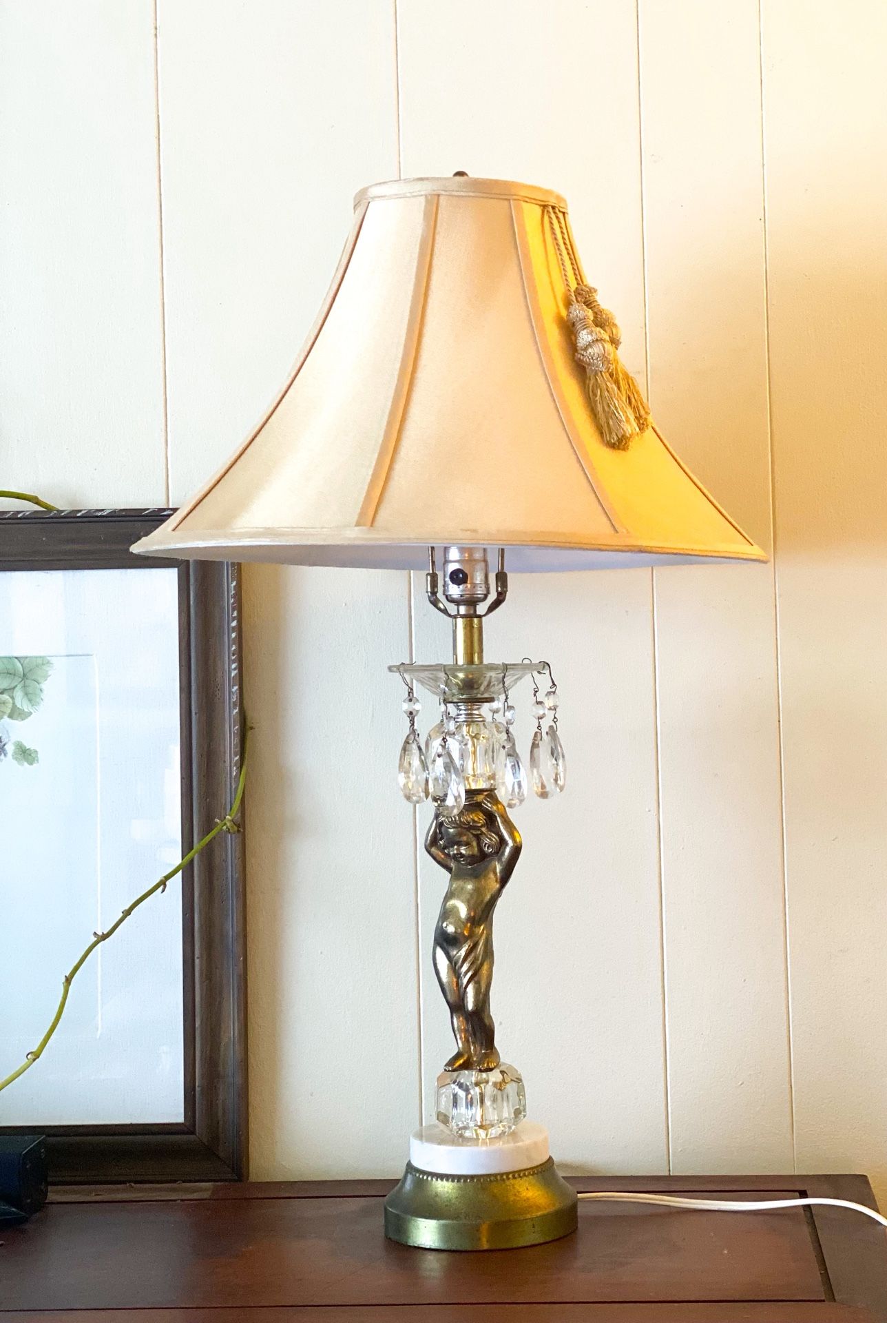 #1960s Hollywood Regency Brass and Crystal Cherub Lamp