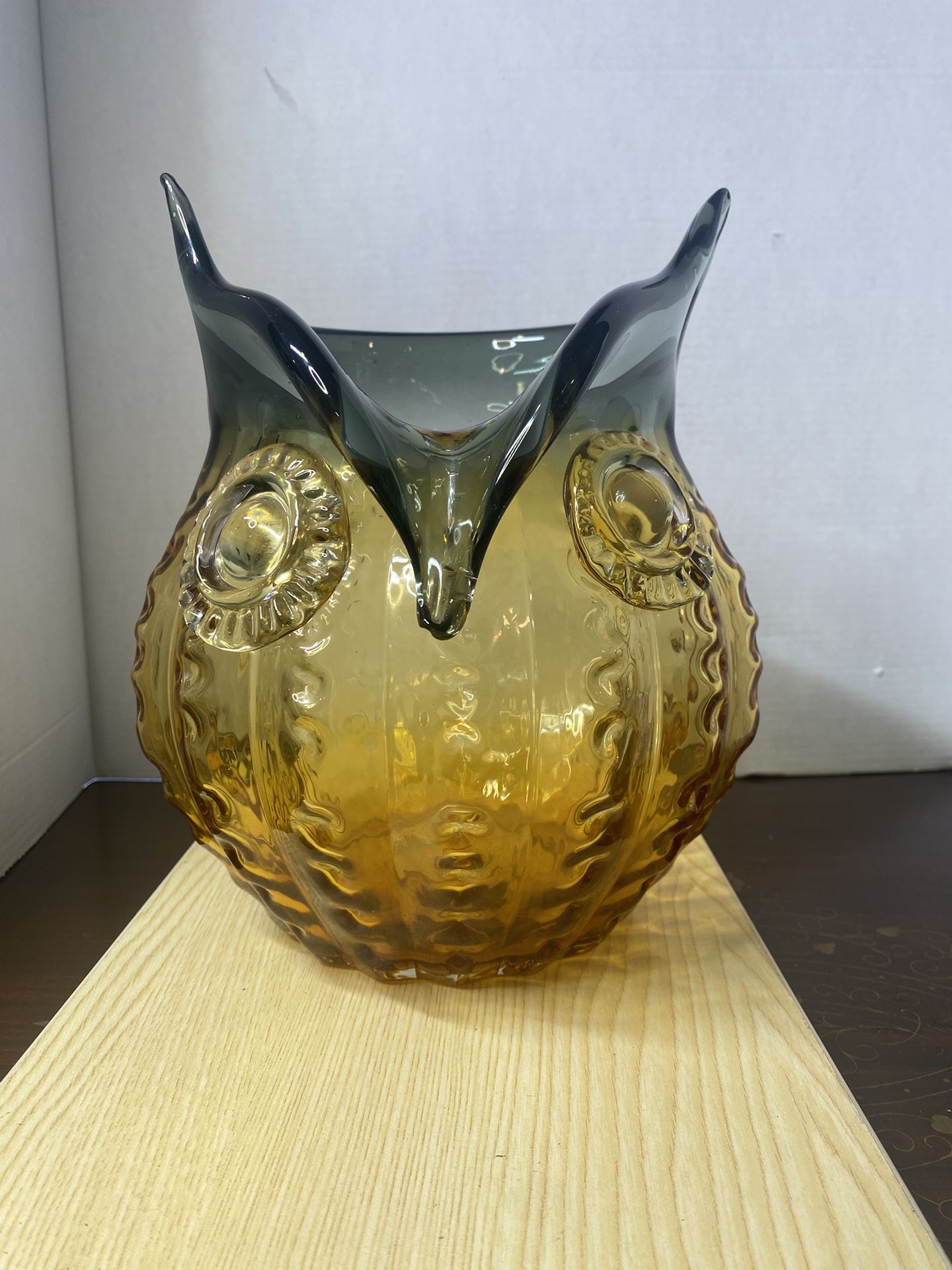 Handblown Glass Owl Ombré Smokey Gray And Amber Vase