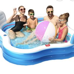 QPAU Inflatable Swimming Pool with 2 Seats and Backrests, 80" L x 80" W x 27" D Large Full-Sized Family Pools for Kids 