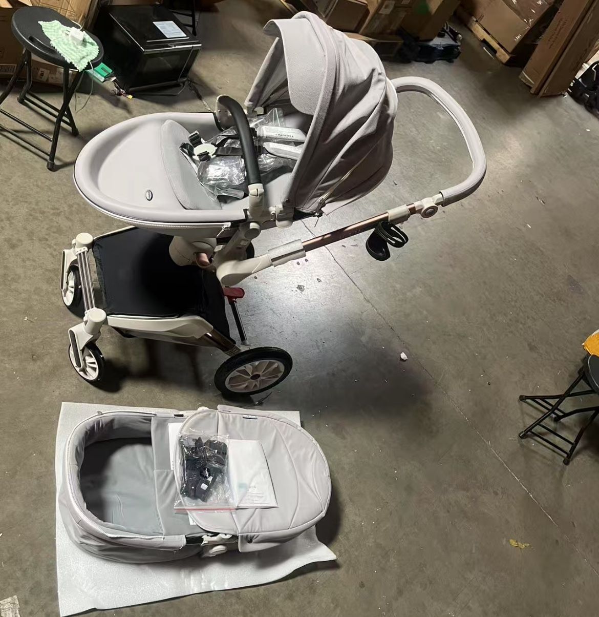 Hot Mom New H5 Baby Stroller 360 Degree Rotation Function, PU Leather Seat Combo Pushchair & Pram, Grey