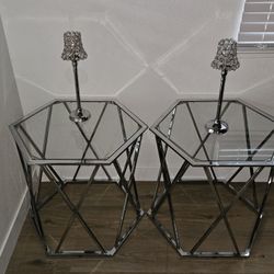 Pair of Glass and Metal End Tables with Lamps