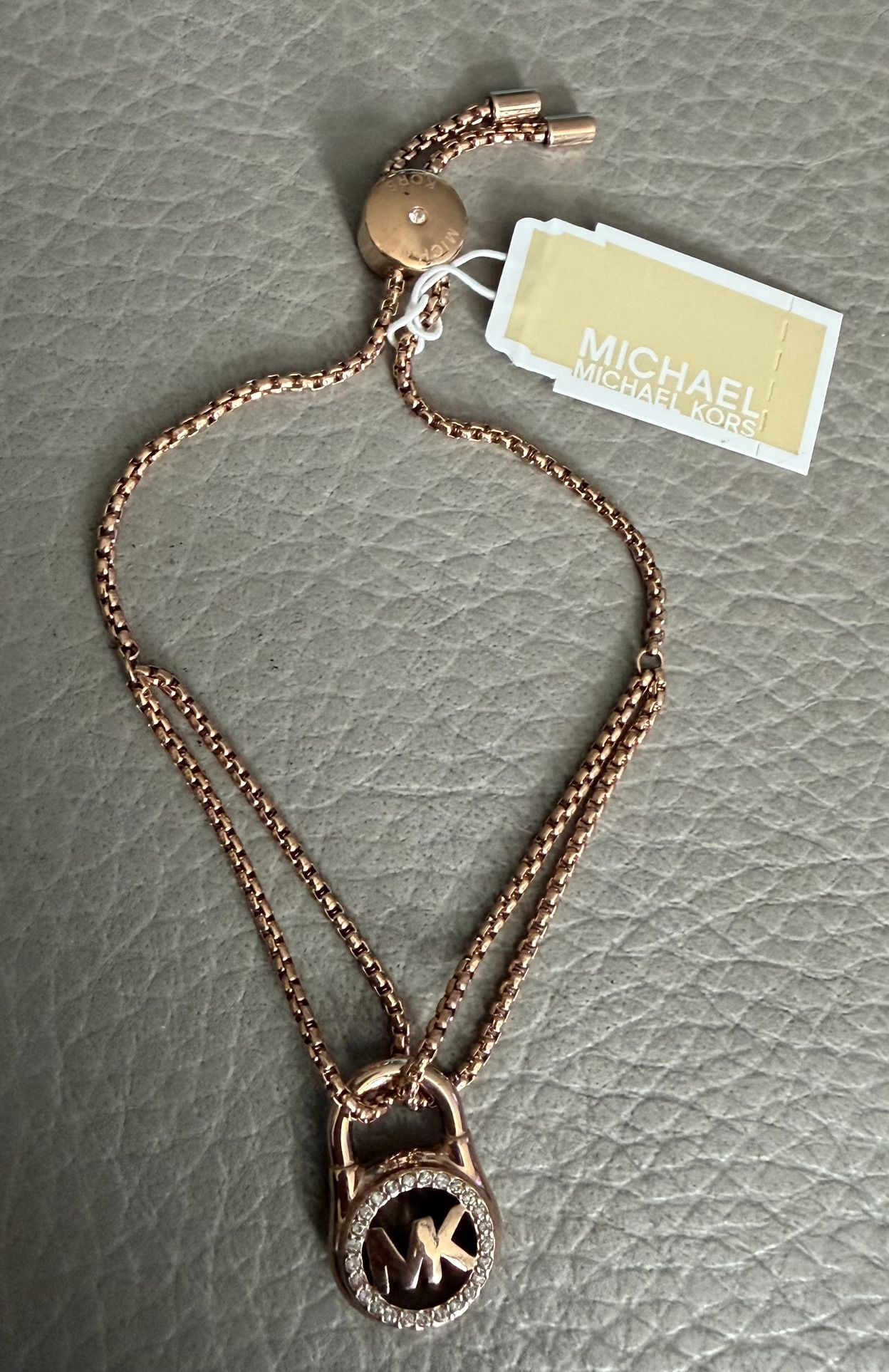 New Michael Kors Rose Gold Boxchain Pave Lock Toggle Bracelet 