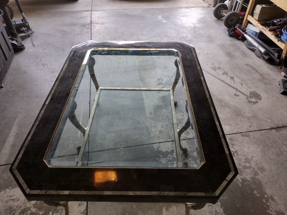 Antique Coffee Table.  Brass, Marble and Glass 