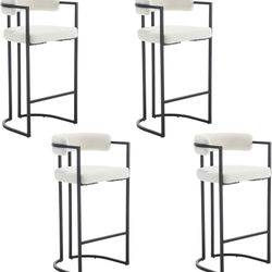 0578d 30Inch Sherpa Bar Stools Set of 4, Modern White Barrel Bar Stools with Comfy Back, Upholstered High Dining Chairs with Black Leg Boucle Kitchen 