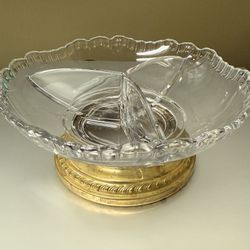 Vintage Glass Divided Dish w/ Brass Metal Base