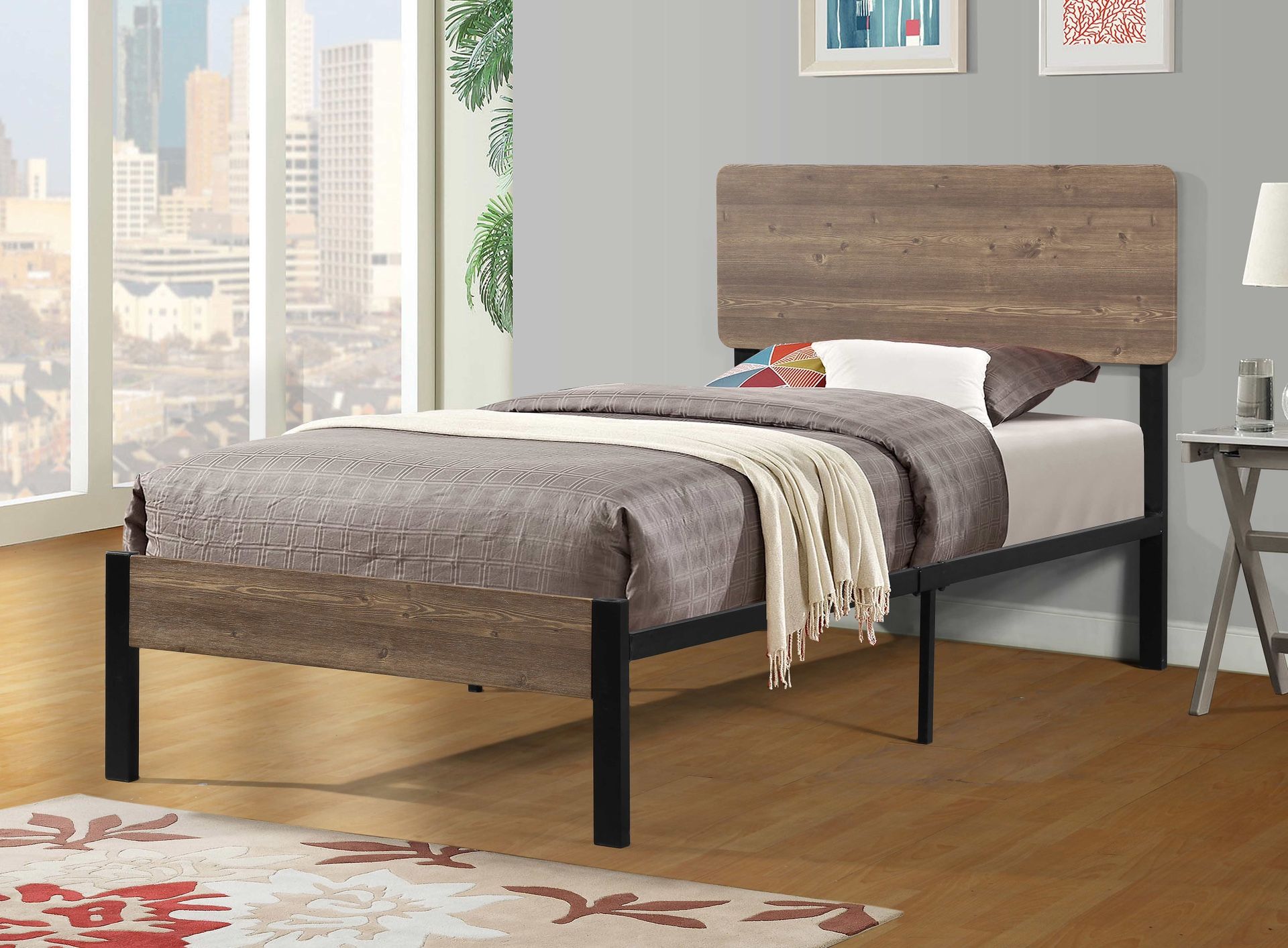 Twin Platform Bed Frame In Two Tone Brown/Metal Finish