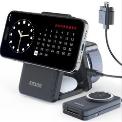 3 in 1 Wireless Charging Station for Magsafe Charger Stand, Wireless Charger 3 in 1, Foldable Travel Charger 3 in 1 for iPhone 15/14/13/12 and Apple W