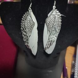 3 1/2 Inch long Stainless Steel Feather And Angel Wing Earrings 