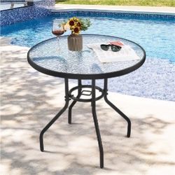 31.5'' Outdoor Coffee Table Patio Round Bistro Table, Round Tempered Glass Top with Umbrella Hole