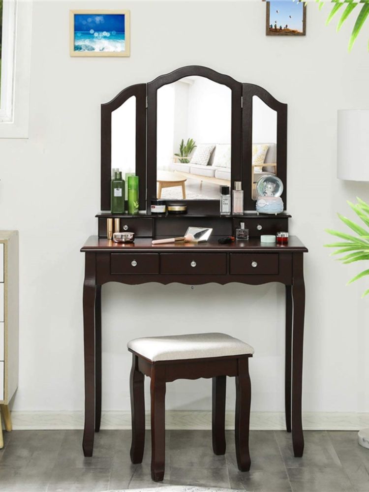 bedroom 5 drawers vanity table set cushioned stool vanity makeup dressing table drawer with tri-folding mirror furniture