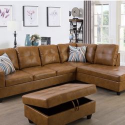 Caramel Brown Leather Sectional Couch With Storage Ottoman And Pillows 