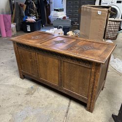 Antique English Carved Oak Coffer Trunk Chest Coffee Table Blanket Box Jacobean