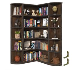 Corner Bookshelf, 5-Tier L-Shaped Farmhouse Display Shelf, 37.8" × 35.4" × 64.6", for Living Room Bedroom Study Office, Espresso