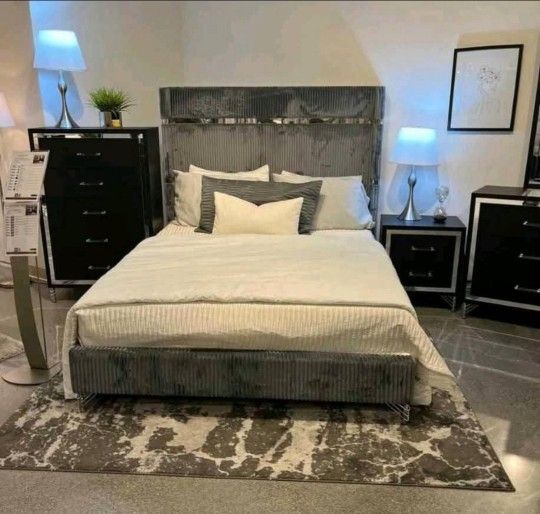 Bedroom Set Queen 4 Pcs Black And Grey