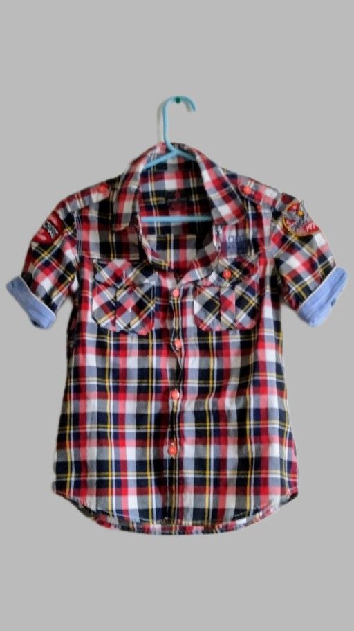 Boy's Medium Plaid Rolled-Up Sleeves Shirt