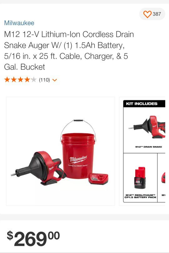 Milwaukee 2571-21 M12 Drain Snake Kit, 5/16 x 25' Bulb Cable, Storage