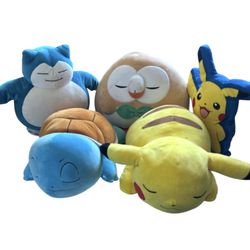 Bundle of 5 Squirtle, Pikachu, Snorlax & Rowlet Pokemon Sleeping Plush Buddies