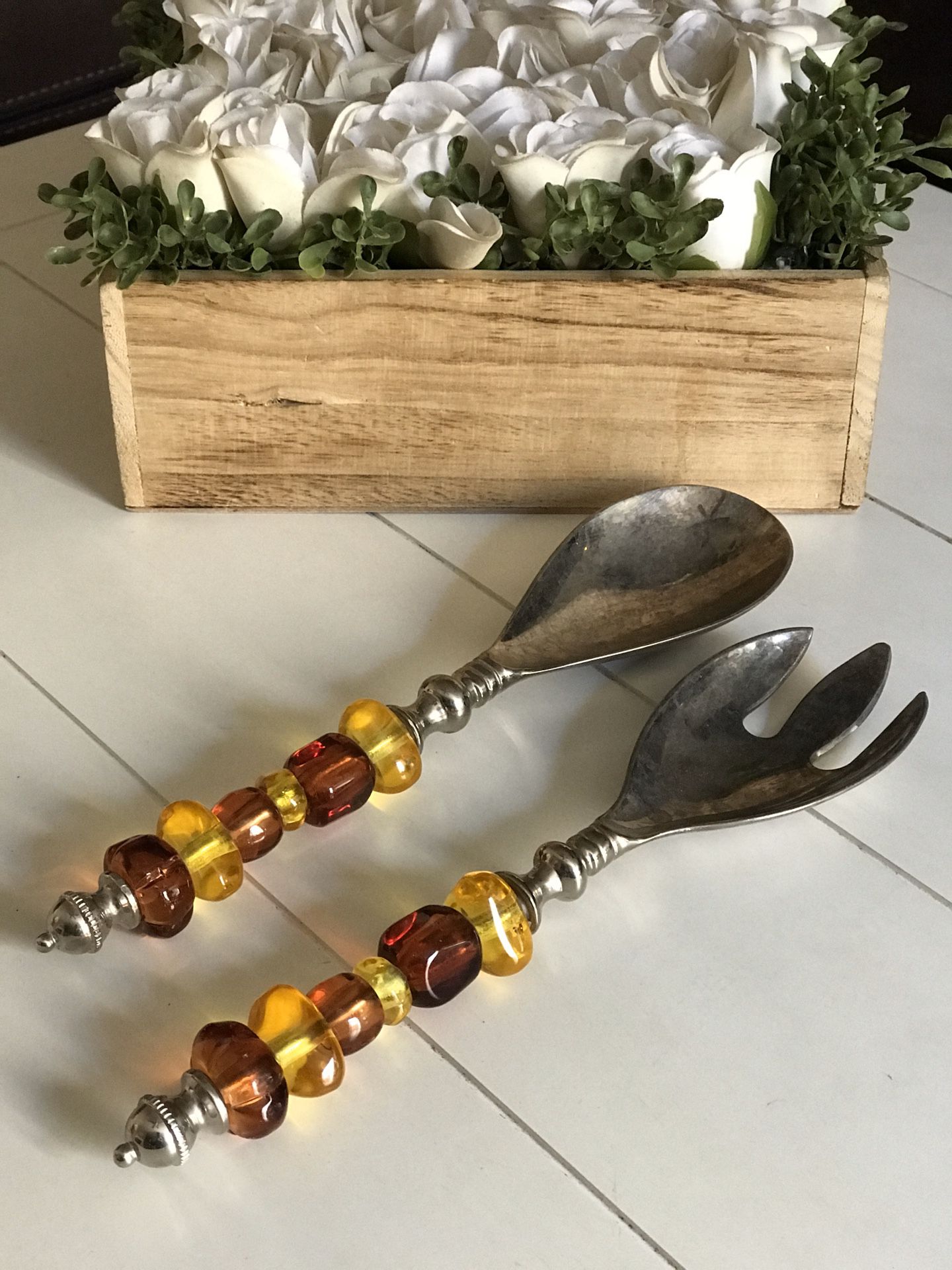 Thanksgiving Silver Serving Spoon and Fork, Fall Color Glass Beads