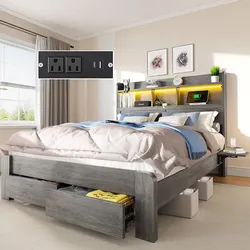 Full Size Bed Frame with 2-Tier Storage Headboard, LED Lights, Charging Station, 2 Drawers, 800lbs Capacity, Wood & Metal Platform, Noise-Free, No Box