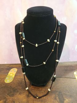 Vintage Brownish Glass Seed Beaded Necklace Cream Pearl and Black Cylinder Bead Accents 60" Continous F10