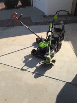 Electric Lawn Mower Corded and weed wacker Greenworks B&H edge hog