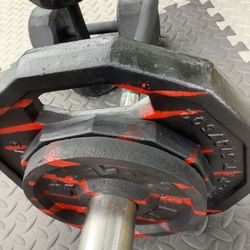 NICE OLYMPIC CURLING BAR WITH 90LB + STEEL WEIGHTS AND NICE PAIR OF DUMBBELLS. 