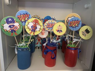Custom superhero centerpiece used for baby shower