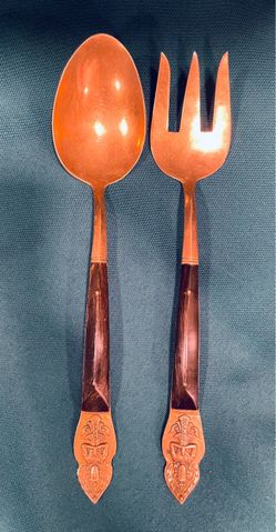 Vintage Siam bronze serving fork/spoon set with dark teak handles